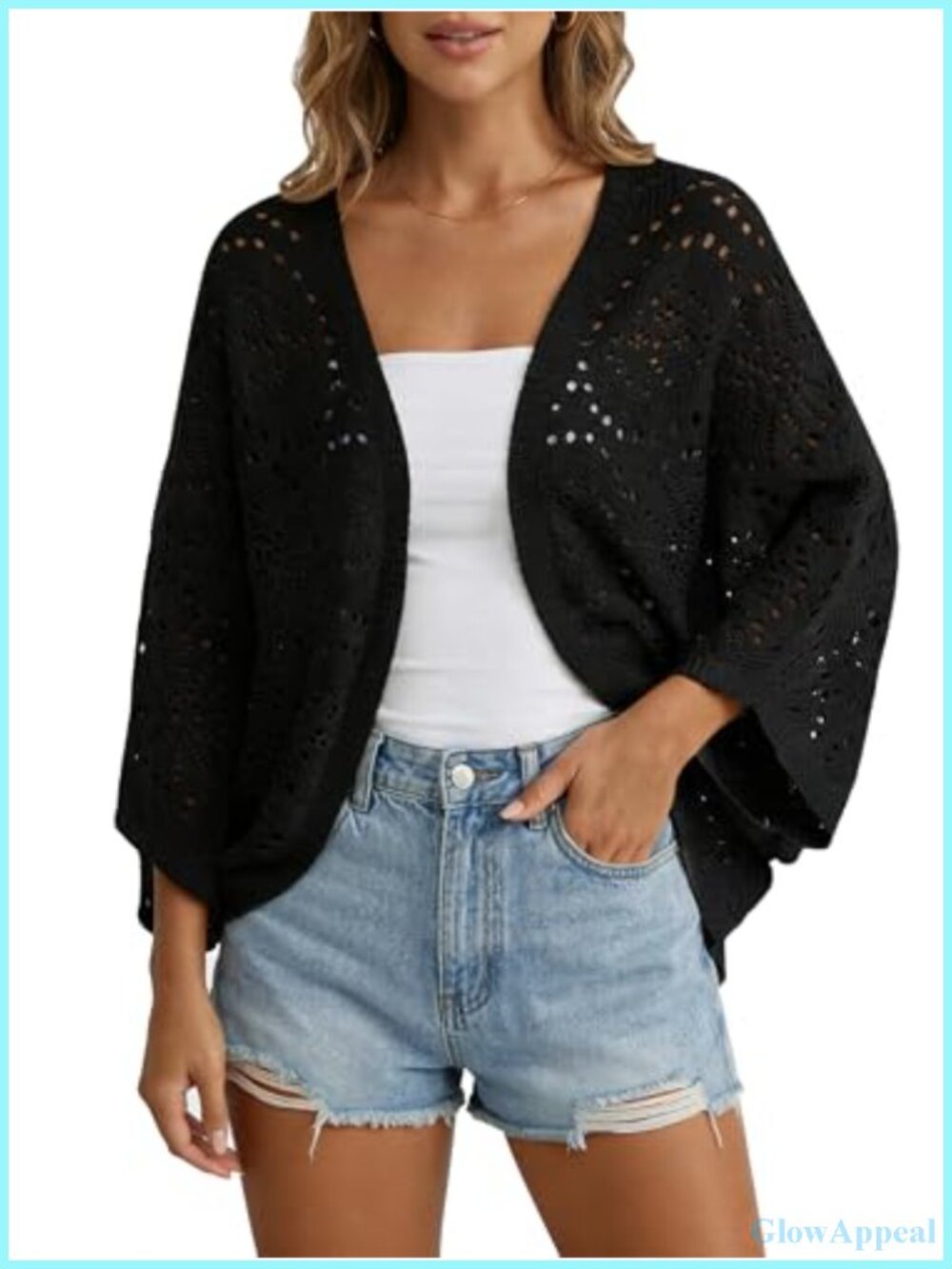 Crochet Cardigan Women Lightweight 3/4 Sleeve Boho Cover Up